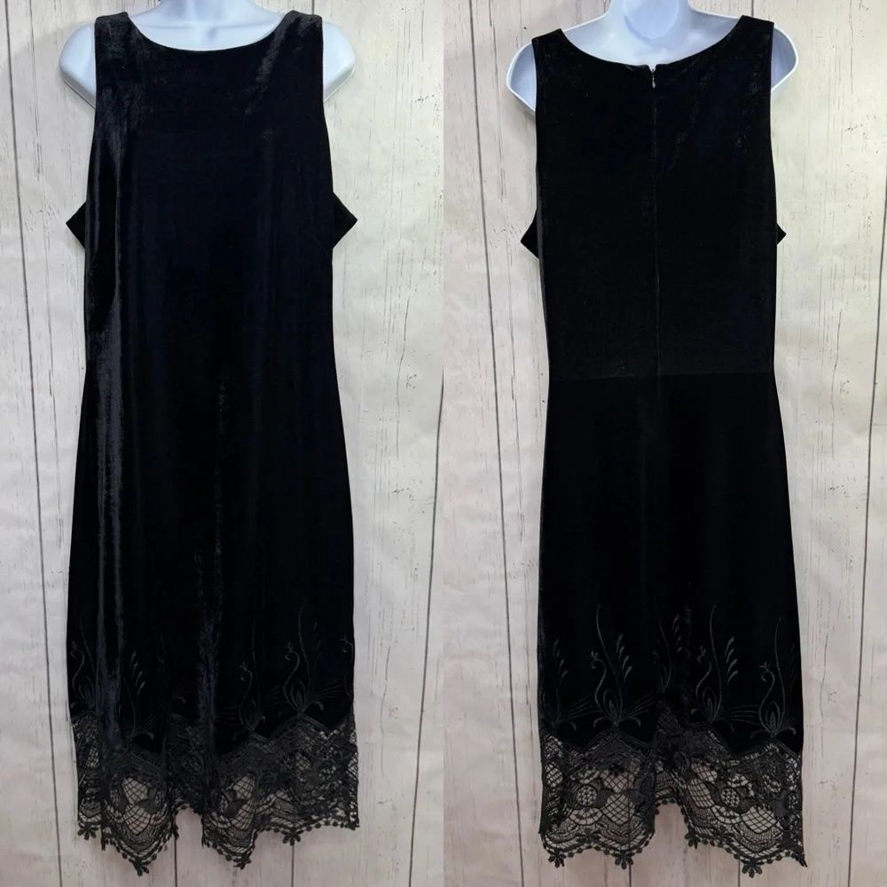 Anne Klein Black Velvet Lace Hem Sleeveless Midi Dress XL Gothic Glam Cocktail